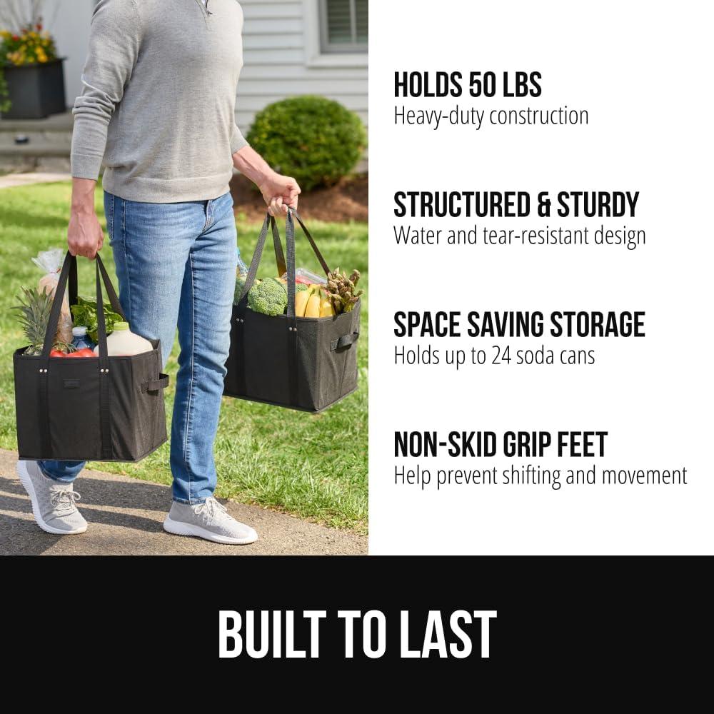 imageGORILLA GRIP Heavy Duty Foldable Reusable Grocery Bags Transport Heavy Groceries to Car 3 Pack Tear Resistant Box Shape Shopping Tote with Strong Handles Grip Feet Bottom 13x10x11 Black