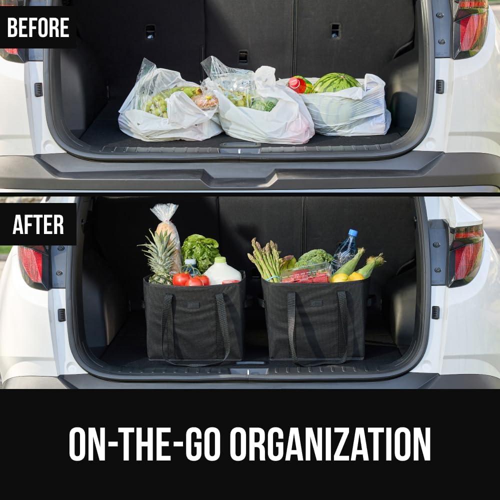 imageGORILLA GRIP Heavy Duty Foldable Reusable Grocery Bags Transport Heavy Groceries to Car 3 Pack Tear Resistant Box Shape Shopping Tote with Strong Handles Grip Feet Bottom 13x10x11 Black