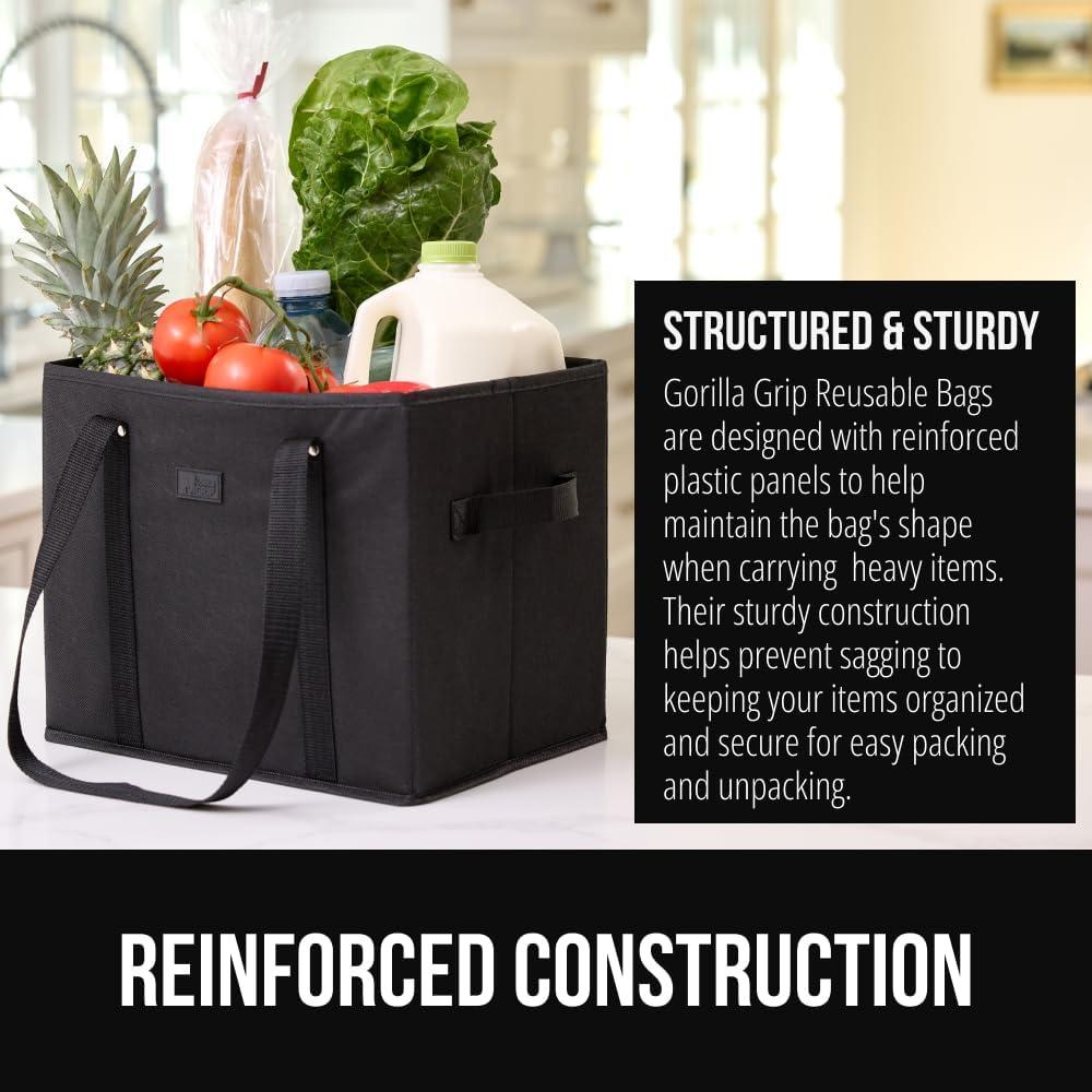 imageGORILLA GRIP Heavy Duty Foldable Reusable Grocery Bags Transport Heavy Groceries to Car 3 Pack Tear Resistant Box Shape Shopping Tote with Strong Handles Grip Feet Bottom 13x10x11 Black