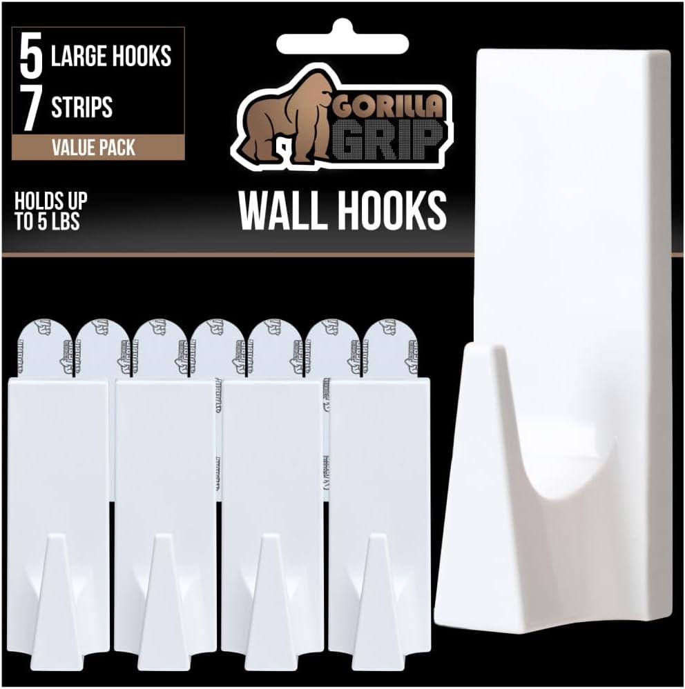 imageGORILLA GRIP Heavy Duty Reusable Wall Hooks for Hanging Strong Easy Install Stick on Removable Adhesive Hook No Nail Damage Multisurface Use for Christmas Decorations 5 Pack and 7 Strips PlasticWhite