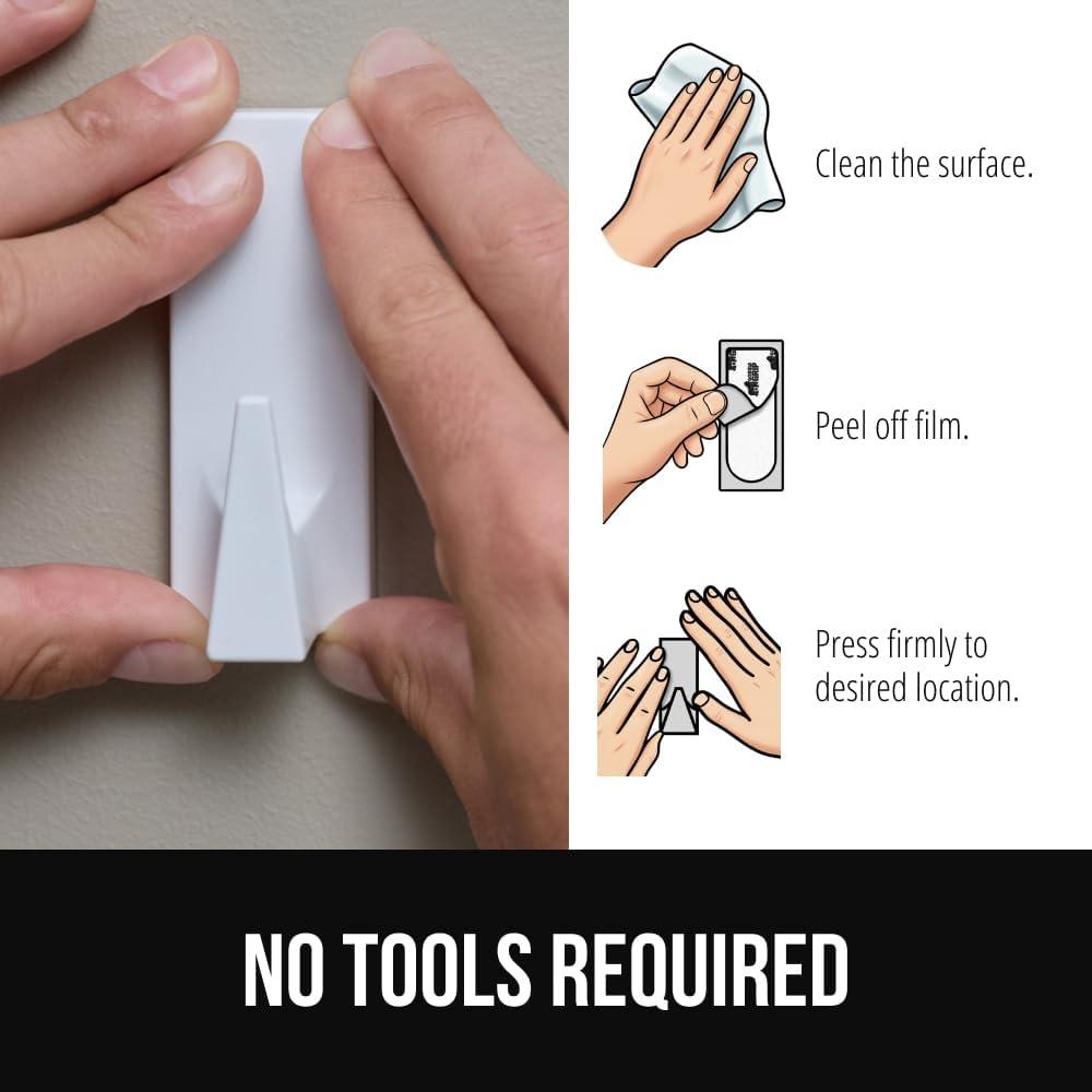 imageGORILLA GRIP Heavy Duty Reusable Wall Hooks for Hanging Strong Easy Install Stick on Removable Adhesive Hook No Nail Damage Multisurface Use for Christmas Decorations 5 Pack and 7 Strips PlasticWhite