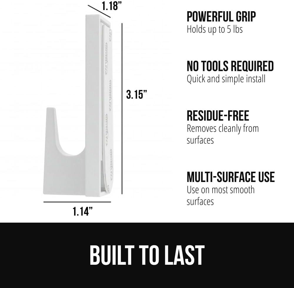 imageGORILLA GRIP Heavy Duty Reusable Wall Hooks for Hanging Strong Easy Install Stick on Removable Adhesive Hook No Nail Damage Multisurface Use for Christmas Decorations 5 Pack and 7 Strips PlasticWhite