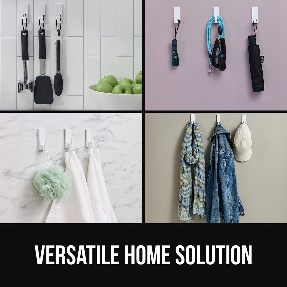 imageGORILLA GRIP Heavy Duty Reusable Wall Hooks for Hanging Strong Easy Install Stick on Removable Adhesive Hook No Nail Damage Multisurface Use for Christmas Decorations 5 Pack and 7 Strips PlasticWhite