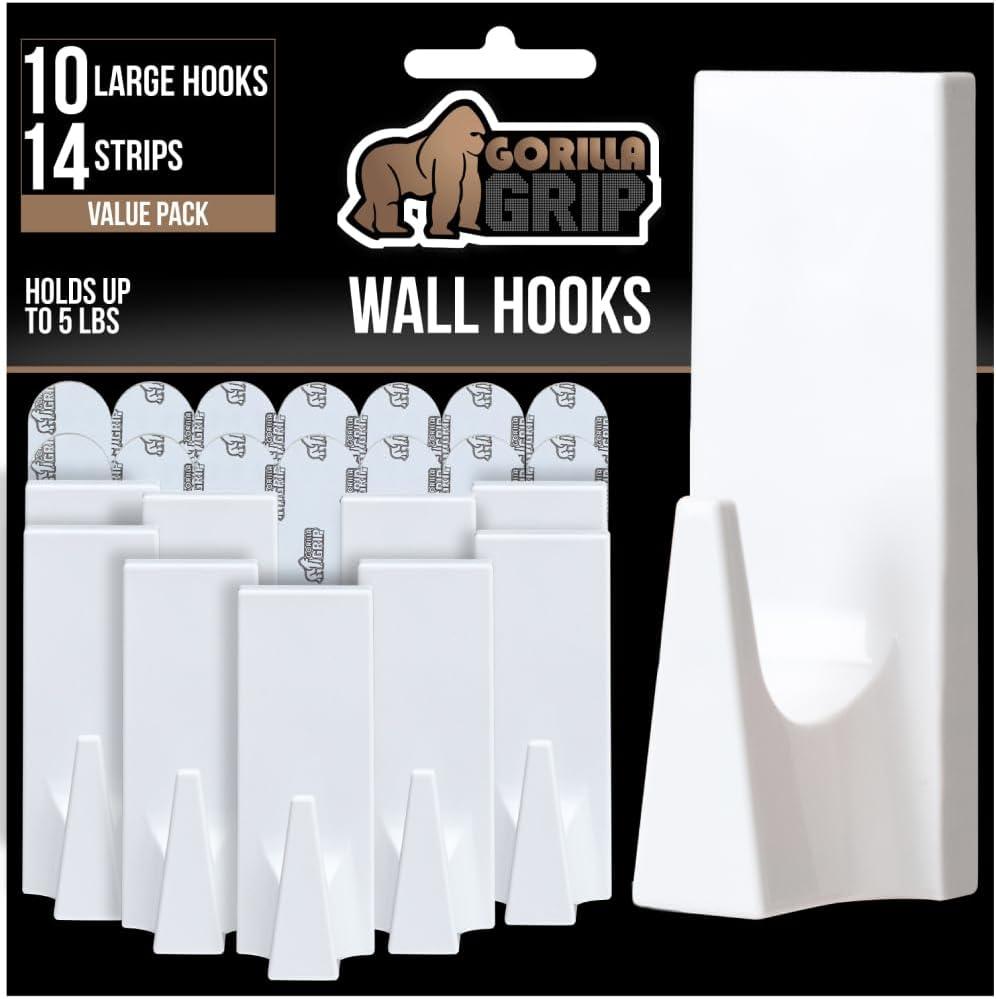 imageGORILLA GRIP Heavy Duty Reusable Wall Hooks for Hanging Strong Easy Install Stick on Removable Adhesive Hook No Nail Damage Multisurface Use for Christmas Decorations 5 Pack and 7 Strips PlasticWhite