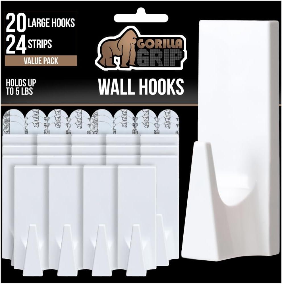 imageGORILLA GRIP Heavy Duty Reusable Wall Hooks for Hanging Strong Easy Install Stick on Removable Adhesive Hook No Nail Damage Multisurface Use for Christmas Decorations 5 Pack and 7 Strips PlasticWhite
