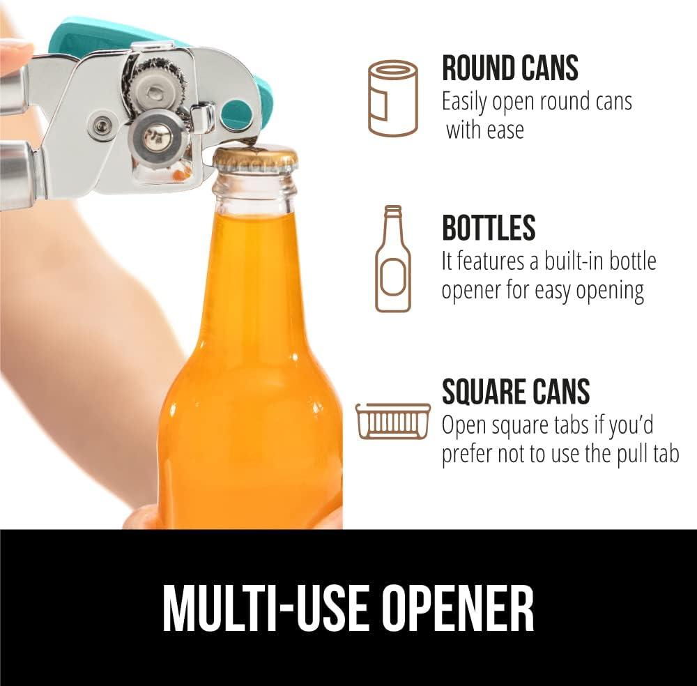 imageGORILLA GRIP Heavy Duty Stainless Steel Smooth Edge Manual Can Opener and Bottle Openers Soft Comfortable Handle Oversized Handheld Turn Knob US Designed Multifunctional Kitchen Tool BlackTurquoise