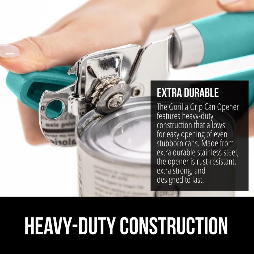 imageGORILLA GRIP Heavy Duty Stainless Steel Smooth Edge Manual Can Opener and Bottle Openers Soft Comfortable Handle Oversized Handheld Turn Knob US Designed Multifunctional Kitchen Tool BlackTurquoise