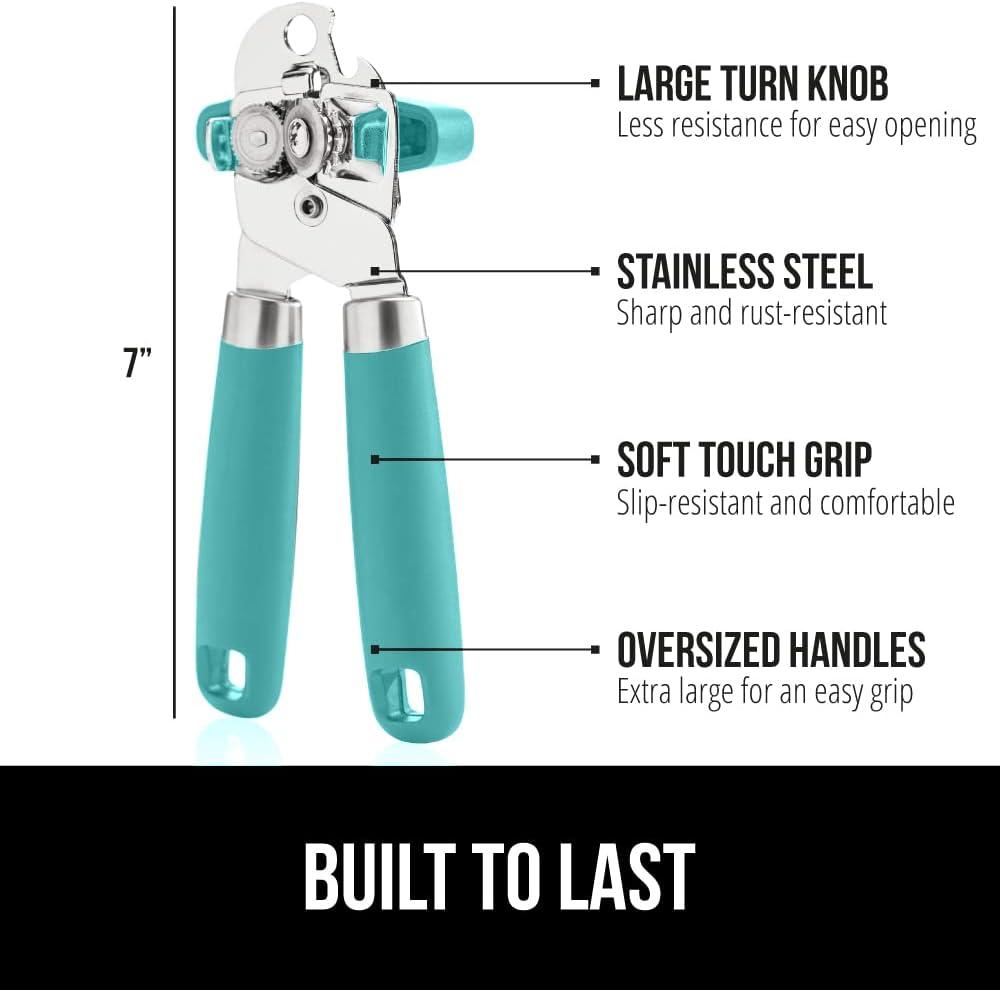imageGORILLA GRIP Heavy Duty Stainless Steel Smooth Edge Manual Can Opener and Bottle Openers Soft Comfortable Handle Oversized Handheld Turn Knob US Designed Multifunctional Kitchen Tool BlackTurquoise