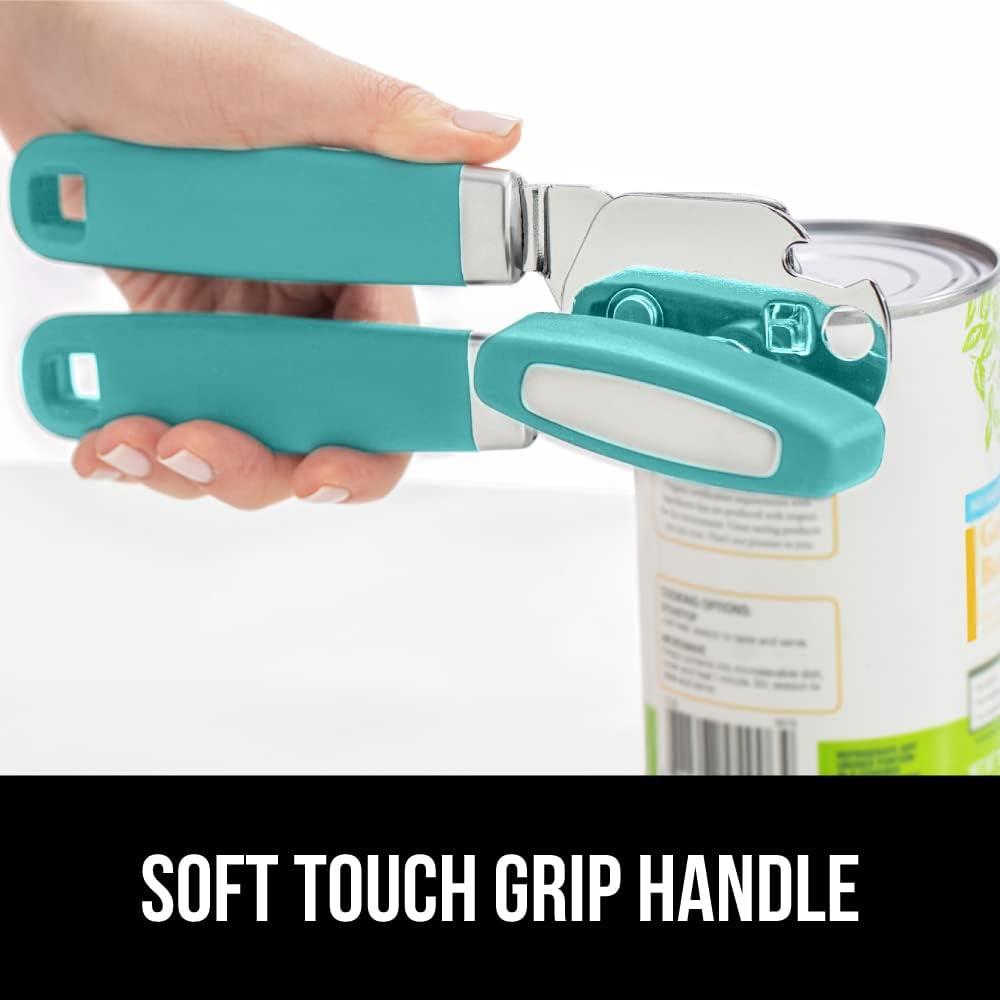 imageGORILLA GRIP Heavy Duty Stainless Steel Smooth Edge Manual Can Opener and Bottle Openers Soft Comfortable Handle Oversized Handheld Turn Knob US Designed Multifunctional Kitchen Tool BlackTurquoise