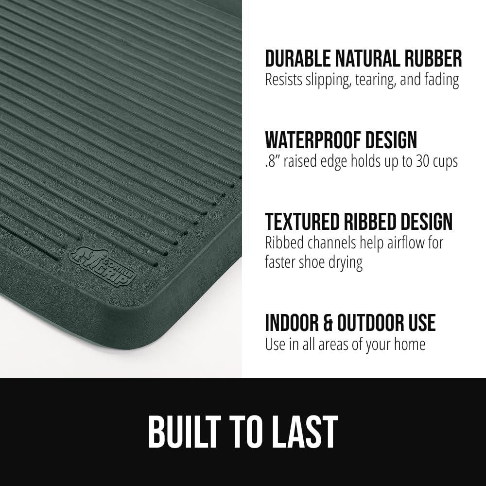 imageGORILLA GRIP Natural Rubber Indoor Outdoor Boot Tray for Shoes Waterproof Winter Mat with Raised Edges and Handle Tear Resistant Heavy Duty Home Garage Floor Mats Easy Clean Shoe Trays 24x16 BlackHunter Green