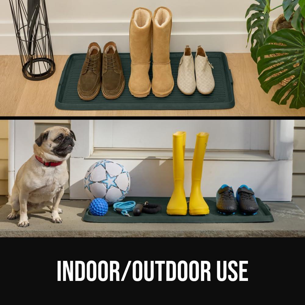 imageGORILLA GRIP Natural Rubber Indoor Outdoor Boot Tray for Shoes Waterproof Winter Mat with Raised Edges and Handle Tear Resistant Heavy Duty Home Garage Floor Mats Easy Clean Shoe Trays 24x16 BlackHunter Green