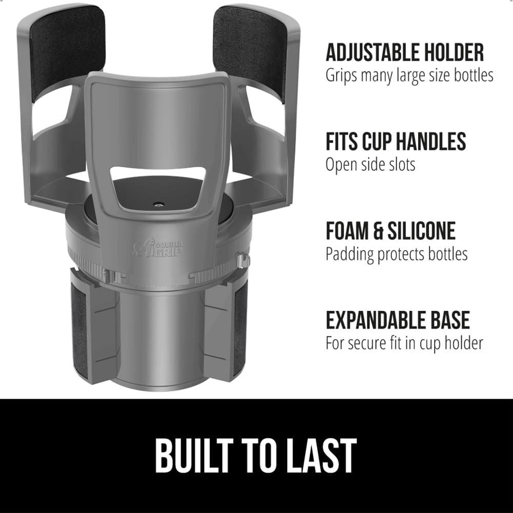 imageGORILLA GRIP Patent Pending Adjustable Car Cup Holder Expander Keeps Water Bottle Secure Expands to Fit 18 to 48 oz Large Bottles Yeti Owala Stanley with Handle Coffee Mug Insert for Cars BlackGray
