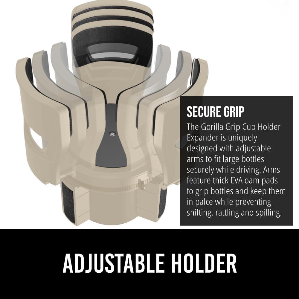 imageGORILLA GRIP Patent Pending Adjustable Car Cup Holder Expander Keeps Water Bottle Secure Expands to Fit 18 to 48 oz Large Bottles Yeti Owala Stanley with Handle Coffee Mug Insert for Cars BlackTan
