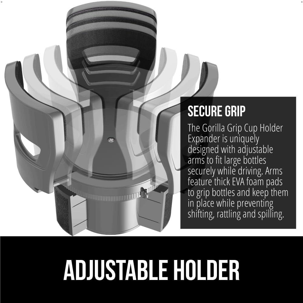 imageGORILLA GRIP Patent Pending Adjustable Car Cup Holder Expander Keeps Water Bottle Secure Expands to Fit 18 to 48 oz Large Bottles Yeti Owala Stanley with Handle Coffee Mug Insert for Cars BlackGray