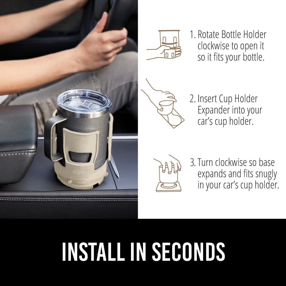imageGORILLA GRIP Patent Pending Adjustable Car Cup Holder Expander Keeps Water Bottle Secure Expands to Fit 18 to 48 oz Large Bottles Yeti Owala Stanley with Handle Coffee Mug Insert for Cars BlackTan