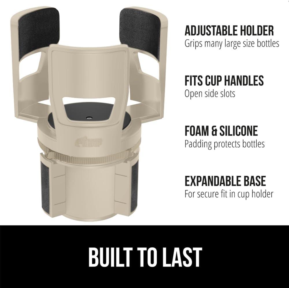 imageGORILLA GRIP Patent Pending Adjustable Car Cup Holder Expander Keeps Water Bottle Secure Expands to Fit 18 to 48 oz Large Bottles Yeti Owala Stanley with Handle Coffee Mug Insert for Cars BlackTan