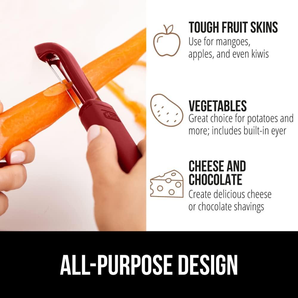 imageGORILLA GRIP Patented BPAFree Sharp Stainless Steel Dual Swivel Vegetable Peeler Soft Comfortable Handle Smoothly Peel Apples Potatoes Carrots Includes Blade Cover Holiday Prep Essentials BlackRed