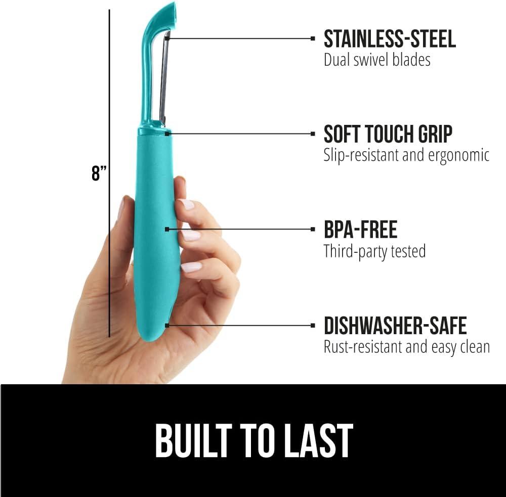 imageGORILLA GRIP Patented BPAFree Sharp Stainless Steel Dual Swivel Vegetable Peeler Soft Comfortable Handle Smoothly Peel Apples Potatoes Carrots Includes Blade Cover Holiday Prep Essentials BlackTurquoise