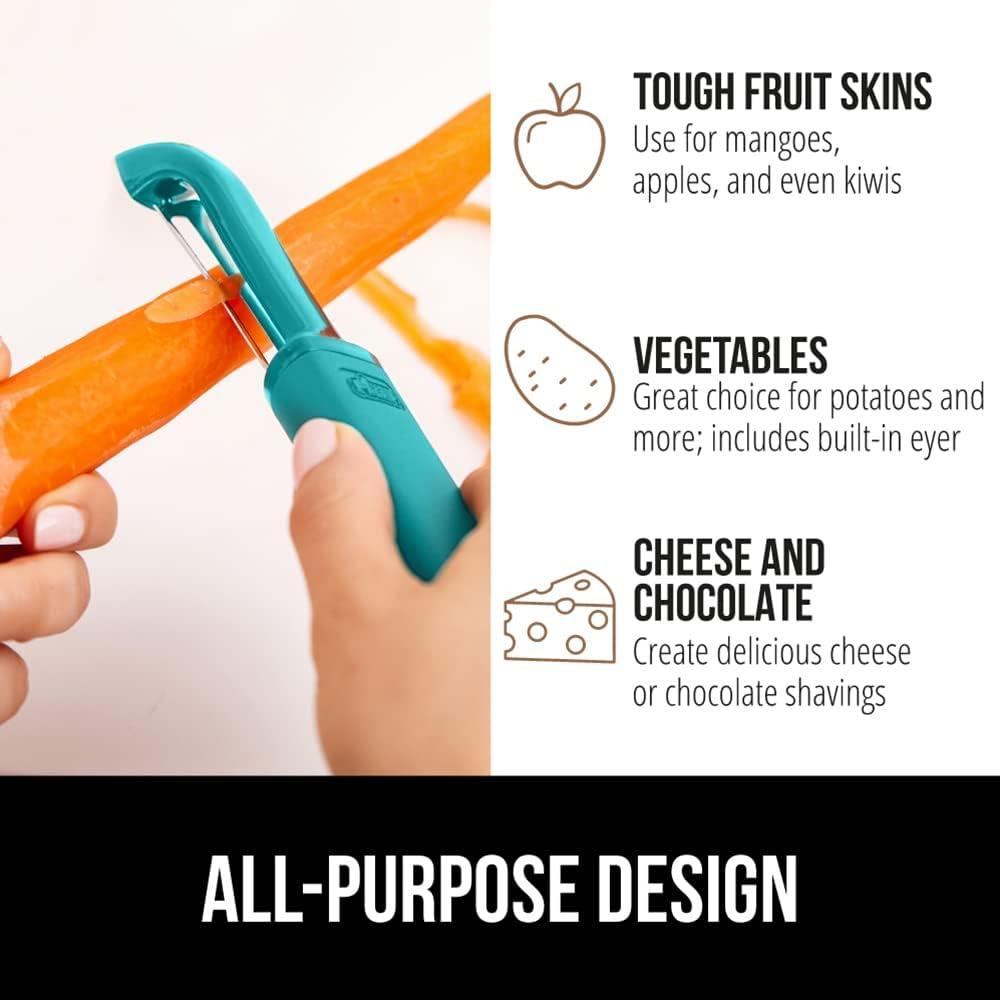 imageGORILLA GRIP Patented BPAFree Sharp Stainless Steel Dual Swivel Vegetable Peeler Soft Comfortable Handle Smoothly Peel Apples Potatoes Carrots Includes Blade Cover Holiday Prep Essentials BlackTurquoise