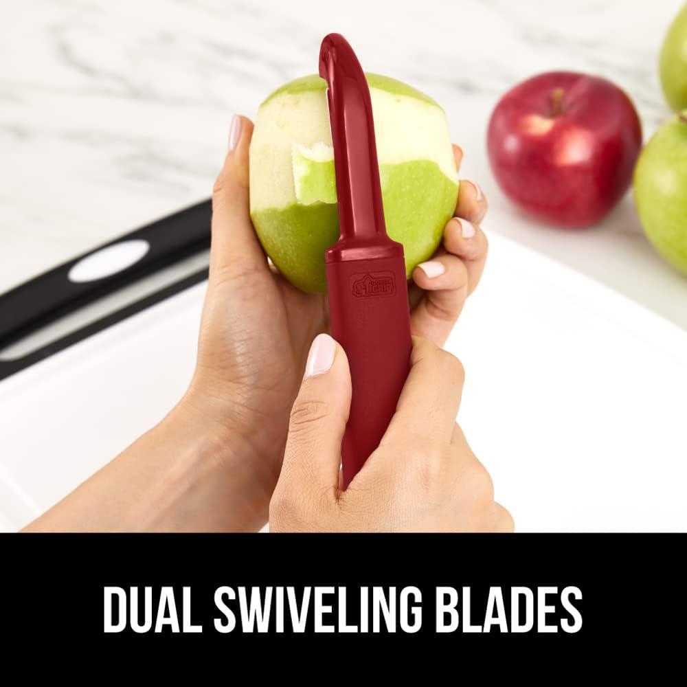 imageGORILLA GRIP Patented BPAFree Sharp Stainless Steel Dual Swivel Vegetable Peeler Soft Comfortable Handle Smoothly Peel Apples Potatoes Carrots Includes Blade Cover Holiday Prep Essentials BlackRed