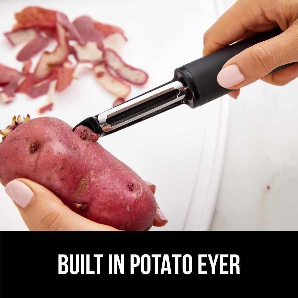 imageGORILLA GRIP Patented BPAFree Sharp Stainless Steel Dual Swivel Vegetable Peeler Soft Comfortable Handle Smoothly Peel Apples Potatoes Carrots Includes Blade Cover Holiday Prep Essentials BlackBlack