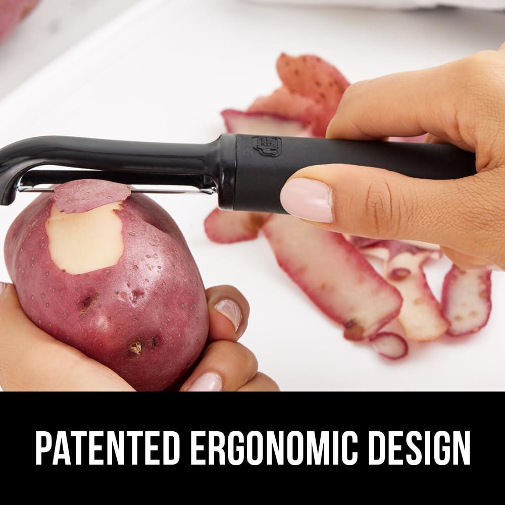 imageGORILLA GRIP Patented BPAFree Sharp Stainless Steel Dual Swivel Vegetable Peeler Soft Comfortable Handle Smoothly Peel Apples Potatoes Carrots Includes Blade Cover Holiday Prep Essentials BlackBlack