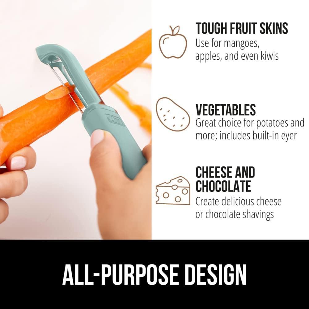 imageGORILLA GRIP Patented BPAFree Sharp Stainless Steel Dual Swivel Vegetable Peeler Soft Comfortable Handle Smoothly Peel Apples Potatoes Carrots Includes Blade Cover Holiday Prep Essentials BlackMint