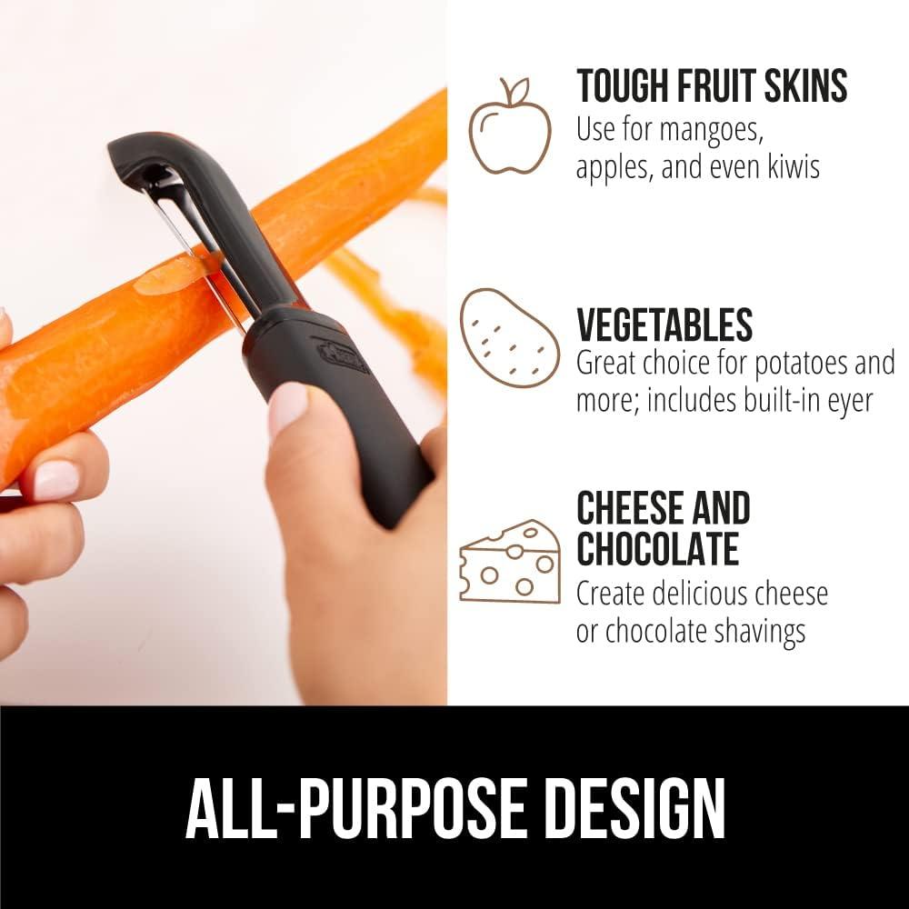 imageGORILLA GRIP Patented BPAFree Sharp Stainless Steel Dual Swivel Vegetable Peeler Soft Comfortable Handle Smoothly Peel Apples Potatoes Carrots Includes Blade Cover Holiday Prep Essentials BlackBlack