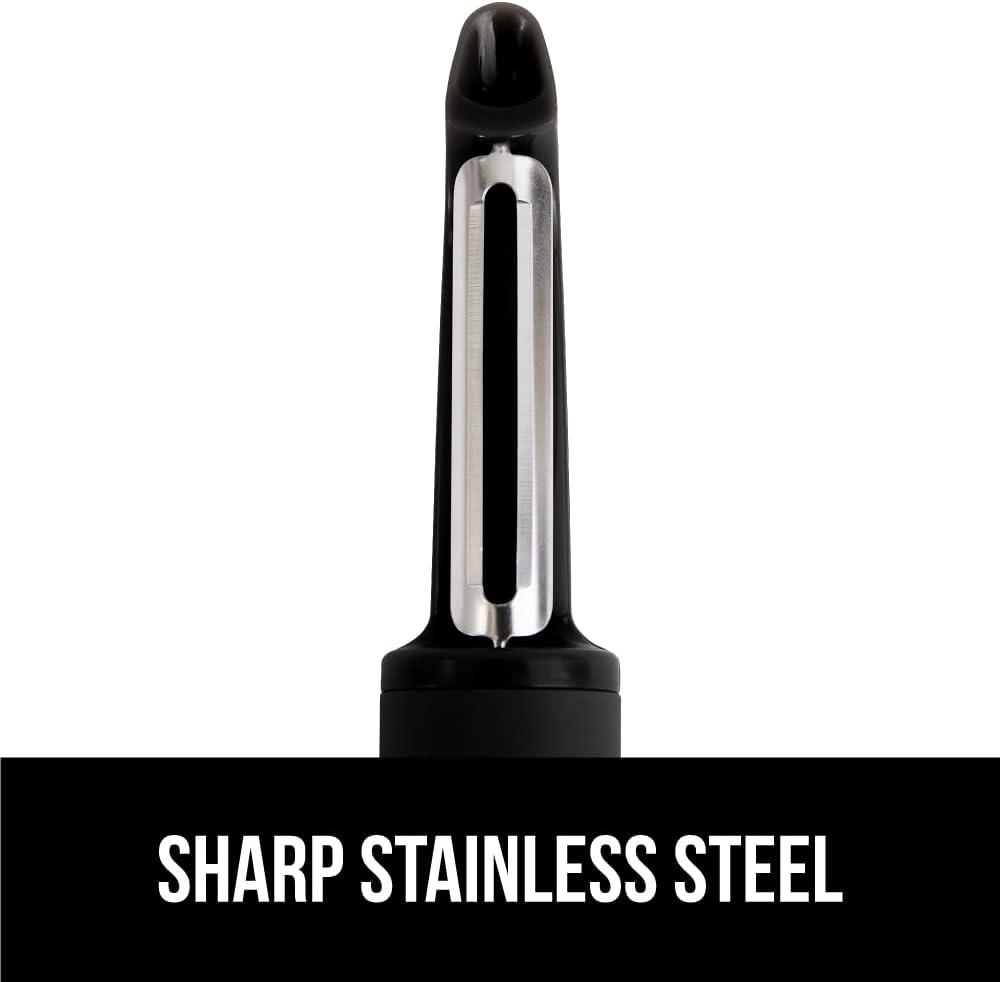 imageGORILLA GRIP Patented BPAFree Sharp Stainless Steel Dual Swivel Vegetable Peeler Soft Comfortable Handle Smoothly Peel Apples Potatoes Carrots Includes Blade Cover Holiday Prep Essentials BlackBlack