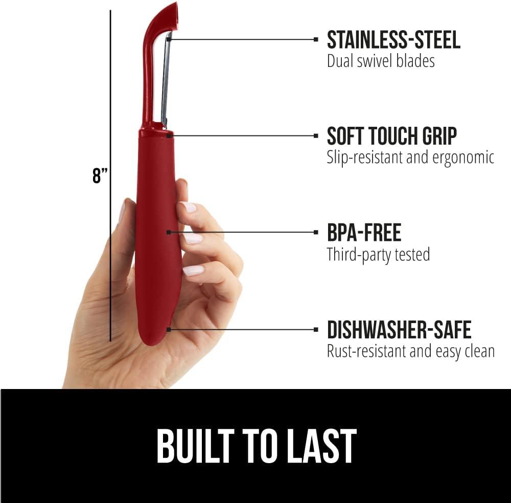imageGORILLA GRIP Patented BPAFree Sharp Stainless Steel Dual Swivel Vegetable Peeler Soft Comfortable Handle Smoothly Peel Apples Potatoes Carrots Includes Blade Cover Holiday Prep Essentials BlackRed