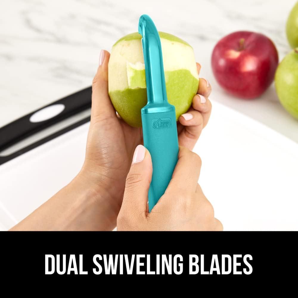 imageGORILLA GRIP Patented BPAFree Sharp Stainless Steel Dual Swivel Vegetable Peeler Soft Comfortable Handle Smoothly Peel Apples Potatoes Carrots Includes Blade Cover Holiday Prep Essentials BlackTurquoise