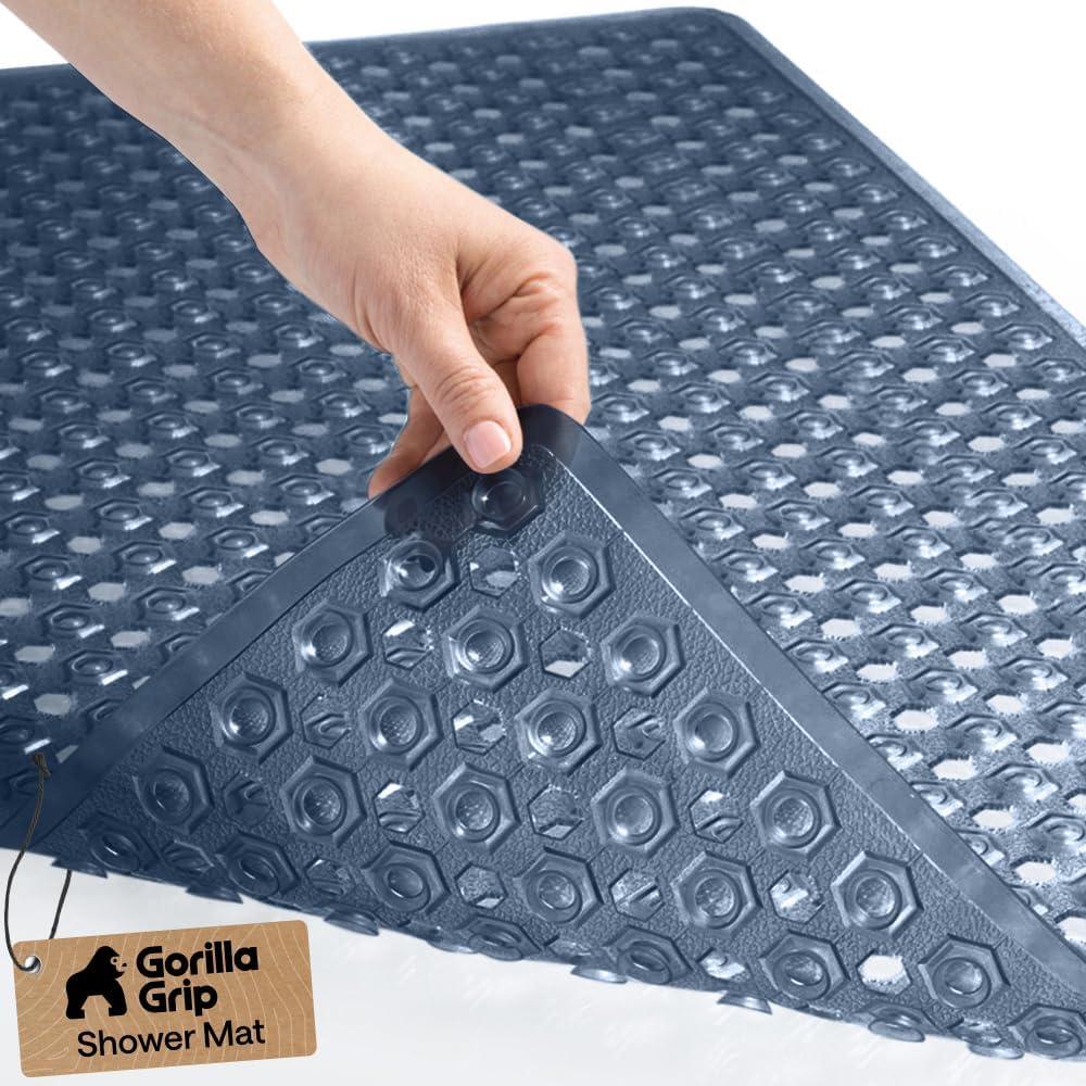 imageGORILLA GRIP Patented Square Shower Stall Mat Small Bathtub Floor Mats for Stand Up Showers with Suction Cups and Drainage Holes Machine Wash Soft on Feet Bathroom Accessories 21x21 Inch ClearNavy Translucent