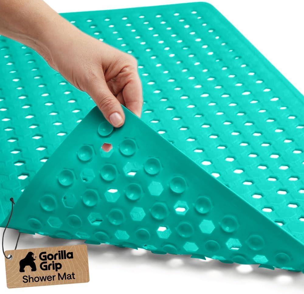 imageGORILLA GRIP Patented Square Shower Stall Mat Small Bathtub Floor Mats for Stand Up Showers with Suction Cups and Drainage Holes Machine Wash Soft on Feet Bathroom Accessories 21x21 Inch ClearTurquoise Opaque