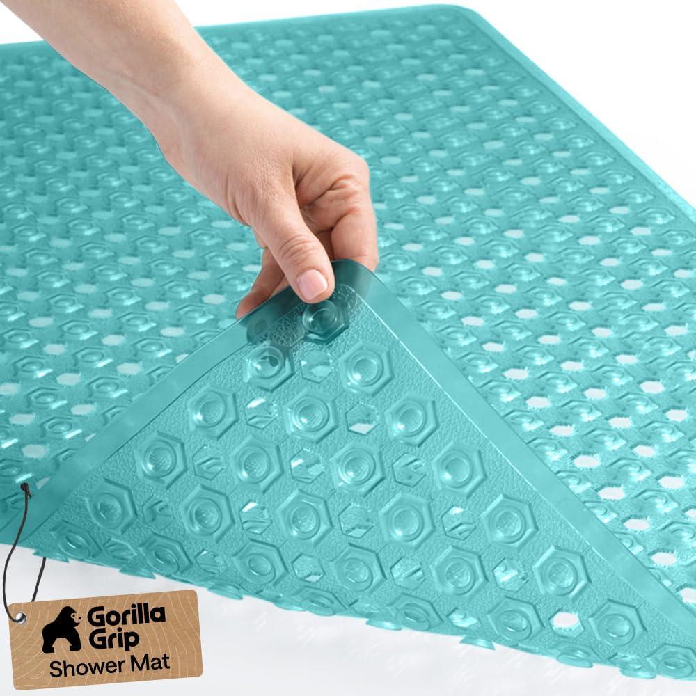 imageGORILLA GRIP Patented Square Shower Stall Mat Small Bathtub Floor Mats for Stand Up Showers with Suction Cups and Drainage Holes Machine Wash Soft on Feet Bathroom Accessories 21x21 Inch ClearTurquoise Translucent