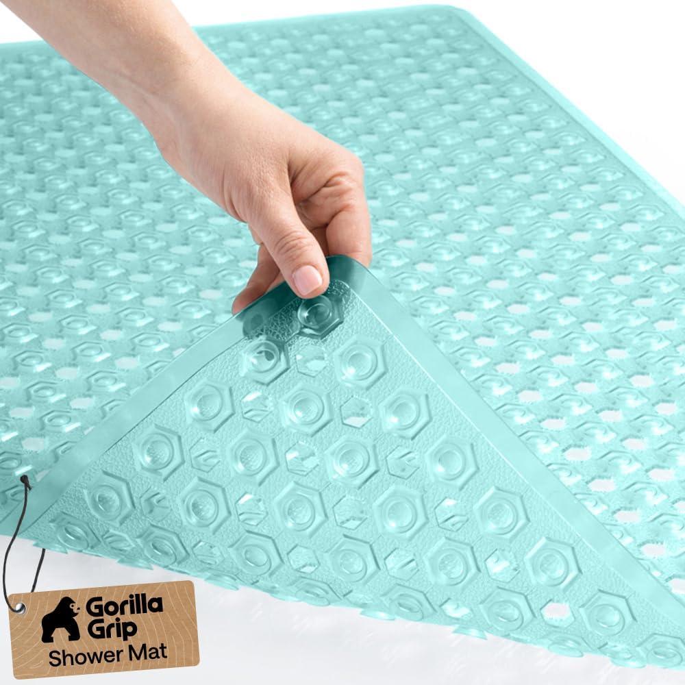 imageGORILLA GRIP Patented Square Shower Stall Mat Small Bathtub Floor Mats for Stand Up Showers with Suction Cups and Drainage Holes Machine Wash Soft on Feet Bathroom Accessories 21x21 Inch ClearGreen Translucent