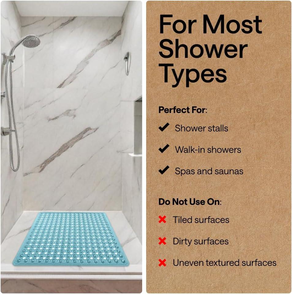 imageGORILLA GRIP Patented Square Shower Stall Mat Small Bathtub Floor Mats for Stand Up Showers with Suction Cups and Drainage Holes Machine Wash Soft on Feet Bathroom Accessories 21x21 Inch ClearTurquoise Translucent