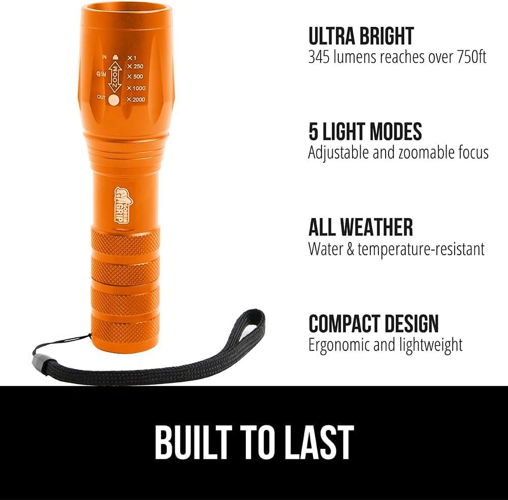 imageGORILLA GRIP Powerful LED Tactical Flashlight 750 FT High Lumens 5 Adjustable Modes Water Resistant Ultra Bright Zoom Flashlights Small Mini Flash Light Camping Night Dog Walking TurquoiseOrange