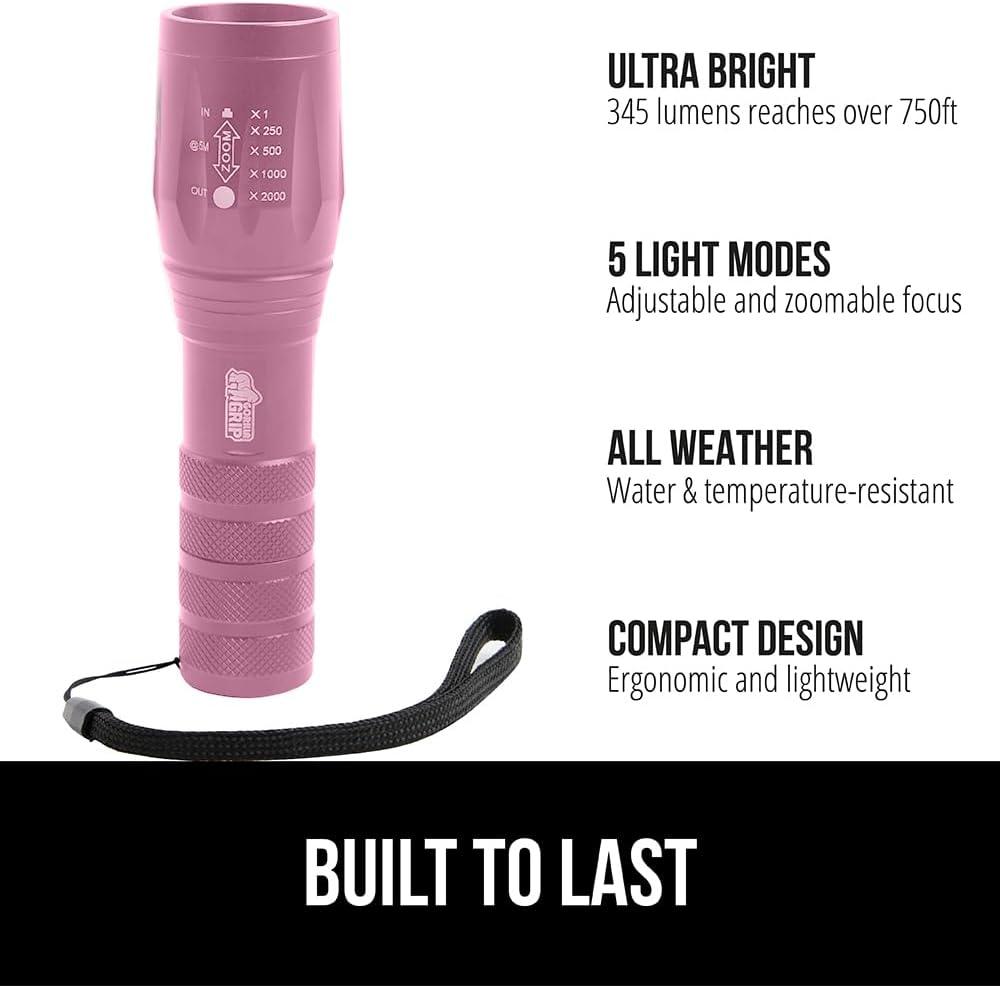 imageGORILLA GRIP Powerful LED Tactical Flashlight 750 FT High Lumens 5 Adjustable Modes Water Resistant Ultra Bright Zoom Flashlights Small Mini Flash Light Camping Night Dog Walking TurquoisePink