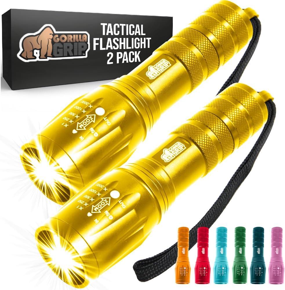 imageGORILLA GRIP Powerful LED Tactical Flashlight 750 FT High Lumens 5 Adjustable Modes Water Resistant Ultra Bright Zoom Flashlights Small Mini Flash Light Camping Night Dog Walking TurquoiseYellow Gold