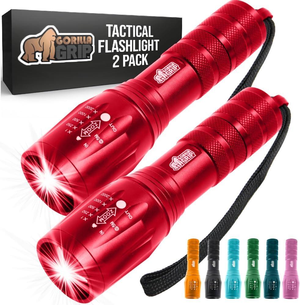 imageGORILLA GRIP Powerful LED Tactical Flashlight 750 FT High Lumens 5 Adjustable Modes Water Resistant Ultra Bright Zoom Flashlights Small Mini Flash Light Camping Night Dog Walking TurquoiseRed