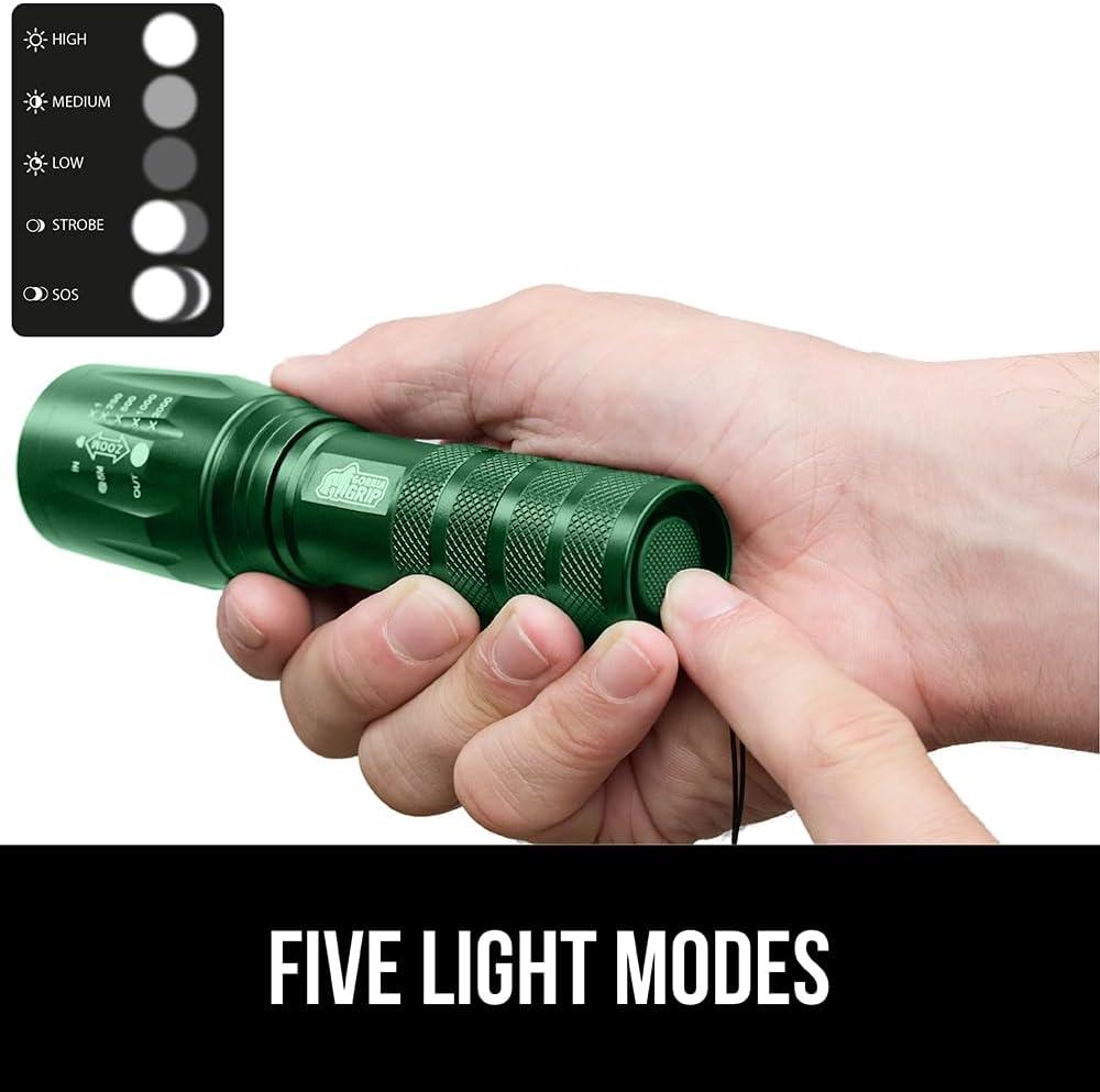 imageGORILLA GRIP Powerful LED Tactical Flashlight 750 FT High Lumens 5 Adjustable Modes Water Resistant Ultra Bright Zoom Flashlights Small Mini Flash Light Camping Night Dog Walking TurquoiseHunter Green