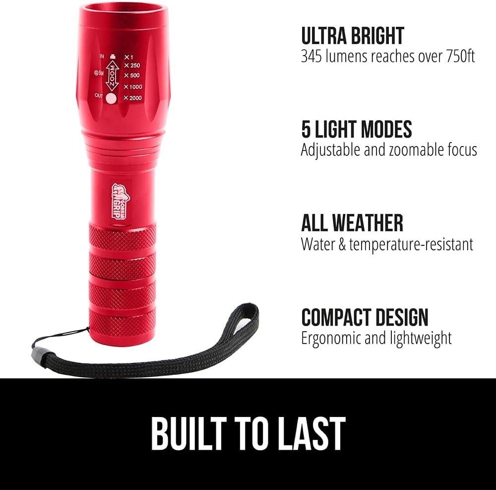 imageGORILLA GRIP Powerful LED Tactical Flashlight 750 FT High Lumens 5 Adjustable Modes Water Resistant Ultra Bright Zoom Flashlights Small Mini Flash Light Camping Night Dog Walking TurquoiseRed