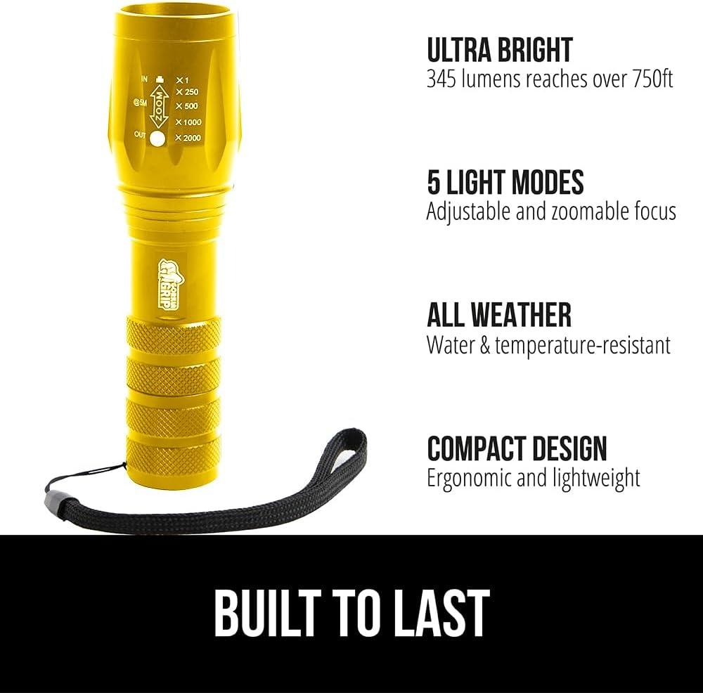 imageGORILLA GRIP Powerful LED Tactical Flashlight 750 FT High Lumens 5 Adjustable Modes Water Resistant Ultra Bright Zoom Flashlights Small Mini Flash Light Camping Night Dog Walking TurquoiseYellow Gold