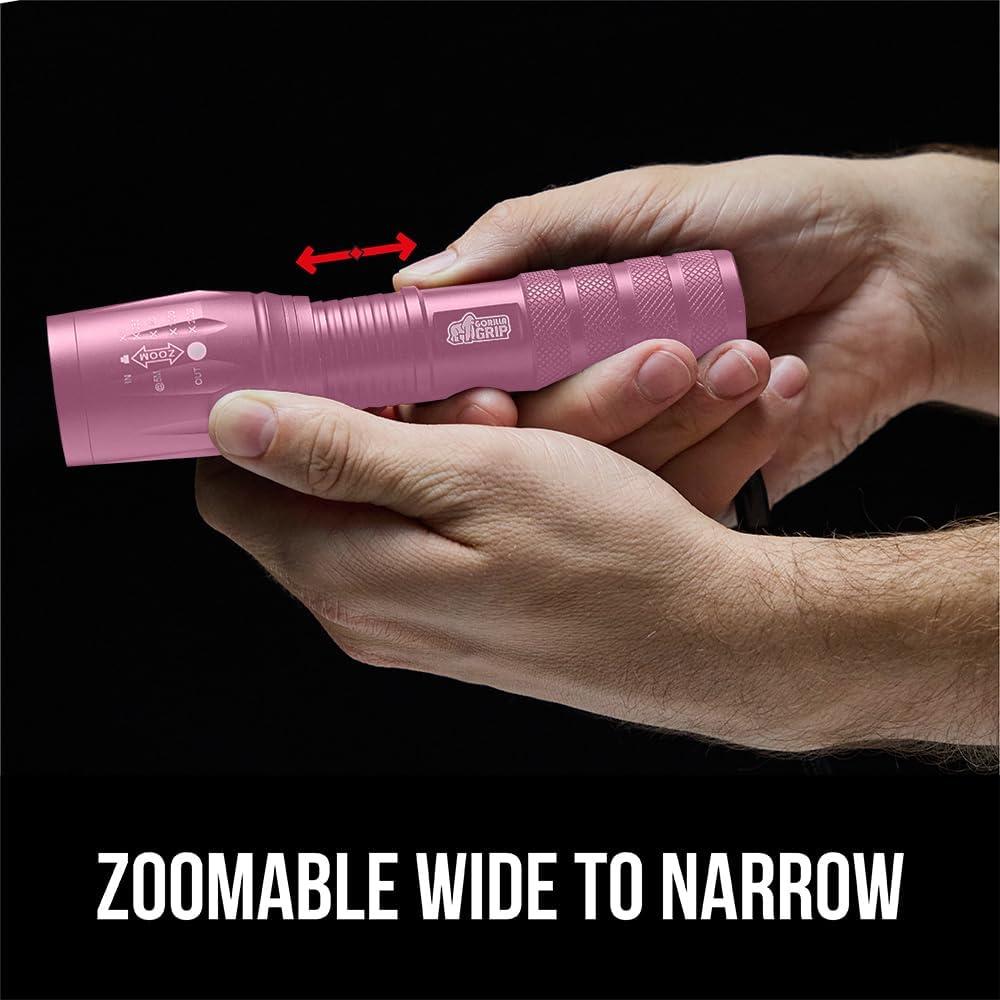imageGORILLA GRIP Powerful LED Tactical Flashlight 750 FT High Lumens 5 Adjustable Modes Water Resistant Ultra Bright Zoom Flashlights Small Mini Flash Light Camping Night Dog Walking TurquoisePink