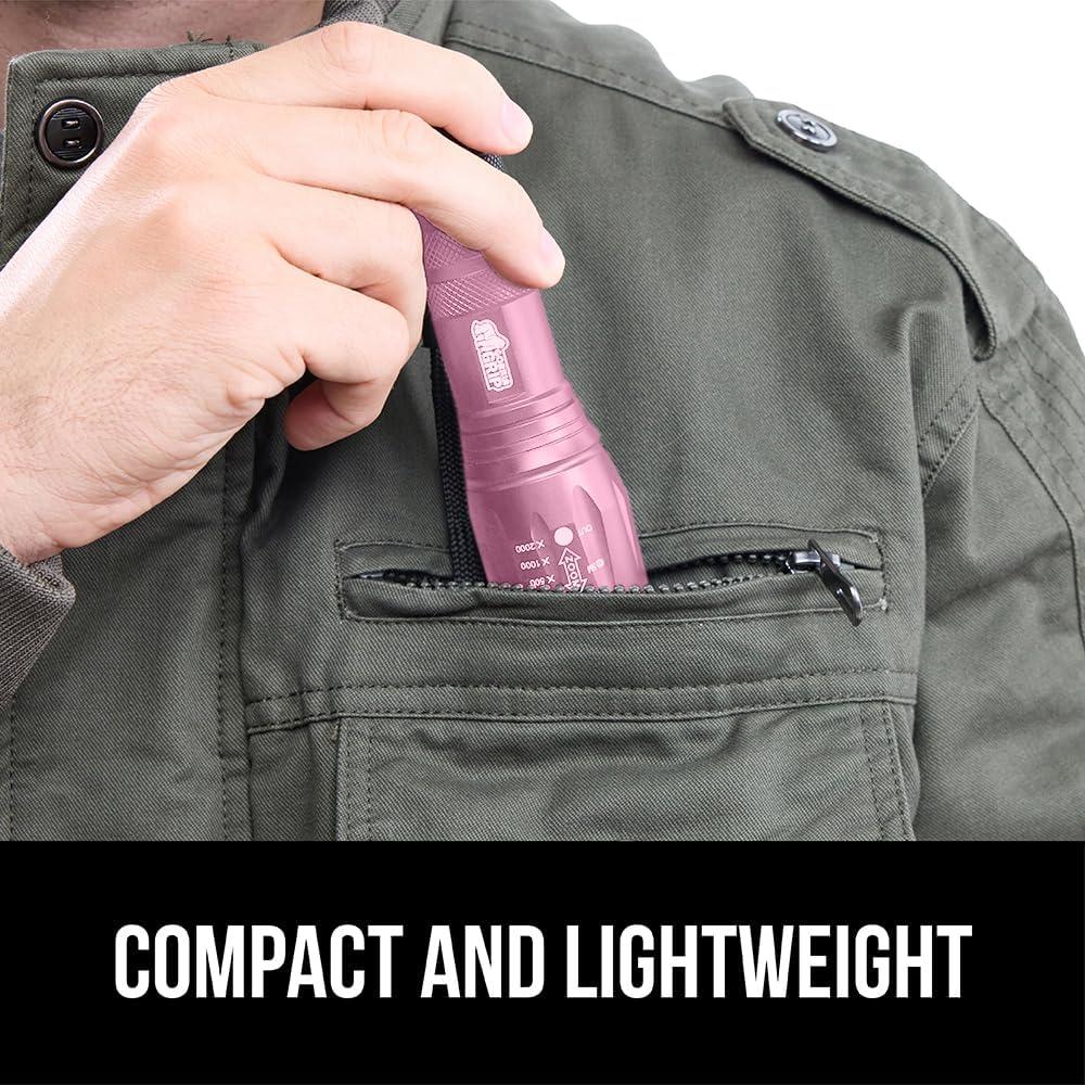 imageGORILLA GRIP Powerful LED Tactical Flashlight 750 FT High Lumens 5 Adjustable Modes Water Resistant Ultra Bright Zoom Flashlights Small Mini Flash Light Camping Night Dog Walking TurquoisePink