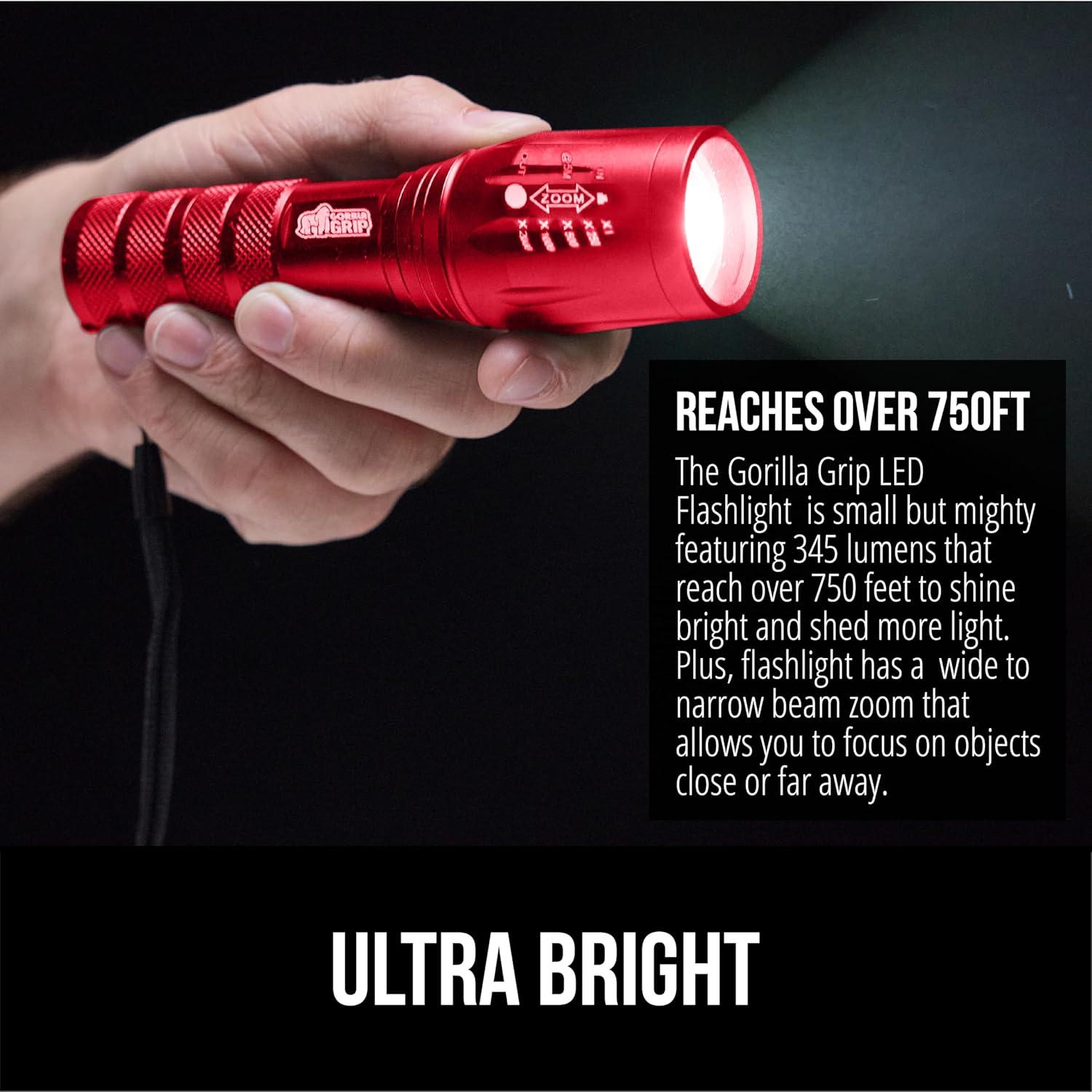 imageGORILLA GRIP Powerful LED Tactical Flashlight 750 FT High Lumens 5 Adjustable Modes Water Resistant Ultra Bright Zoom Flashlights Small Mini Flash Light Camping Night Dog Walking TurquoiseRed