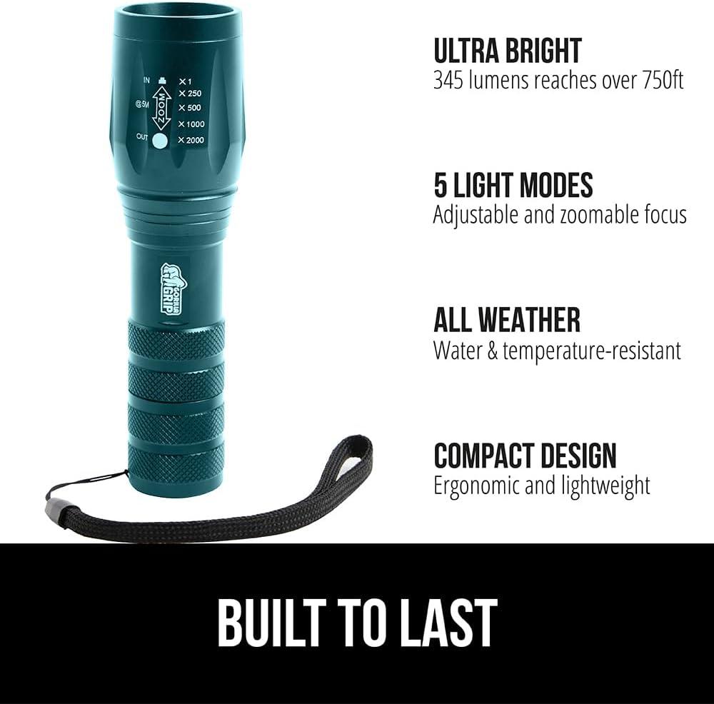 imageGORILLA GRIP Powerful LED Tactical Flashlight 750 FT High Lumens 5 Adjustable Modes Water Resistant Ultra Bright Zoom Flashlights Small Mini Flash Light Camping Night Dog Walking TurquoiseTeal Blue