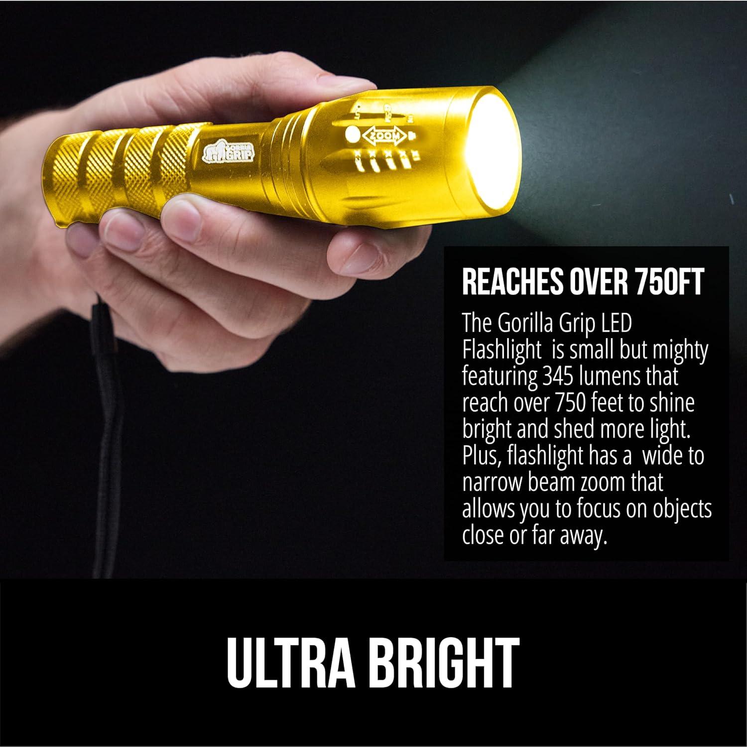 imageGORILLA GRIP Powerful LED Tactical Flashlight 750 FT High Lumens 5 Adjustable Modes Water Resistant Ultra Bright Zoom Flashlights Small Mini Flash Light Camping Night Dog Walking TurquoiseYellow Gold