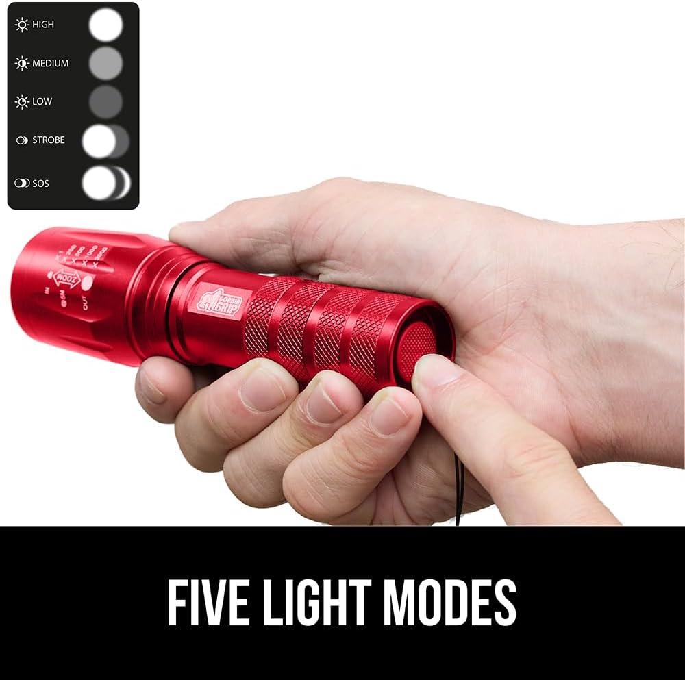 imageGORILLA GRIP Powerful LED Tactical Flashlight 750 FT High Lumens 5 Adjustable Modes Water Resistant Ultra Bright Zoom Flashlights Small Mini Flash Light Camping Night Dog Walking TurquoiseRed