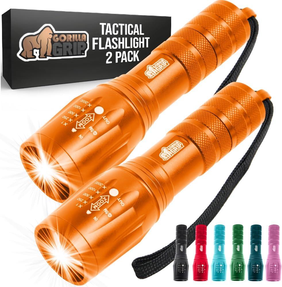 imageGORILLA GRIP Powerful LED Tactical Flashlight 750 FT High Lumens 5 Adjustable Modes Water Resistant Ultra Bright Zoom Flashlights Small Mini Flash Light Camping Night Dog Walking TurquoiseOrange